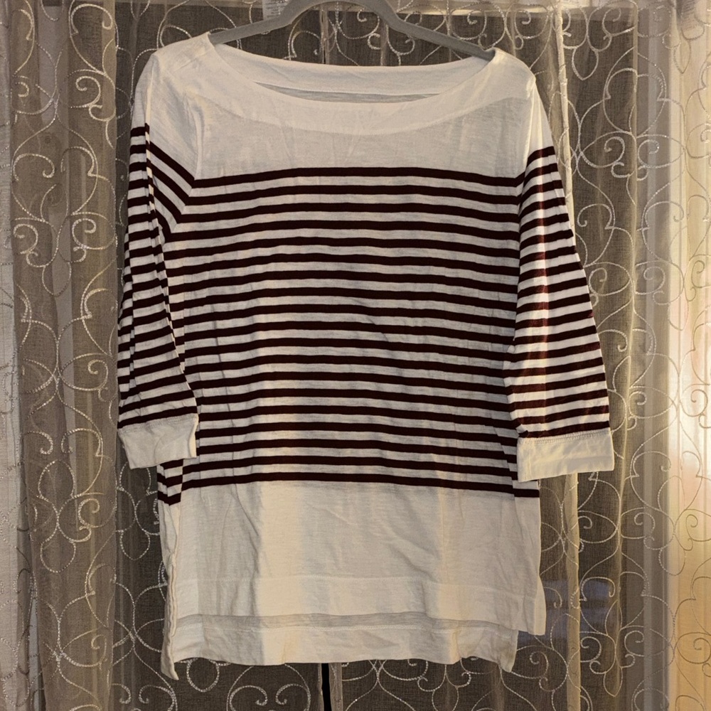 LOFT White and Burgundy Striped Boatneck Top
